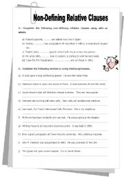 English Worksheet: Non-Defining Relative Clauses - With answer key