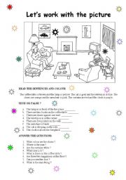 English Worksheet: lets work with colours and prepositions 