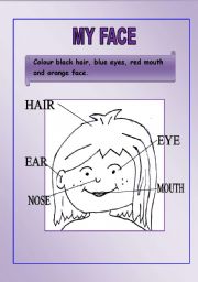 English Worksheet: Training parts of face and colors