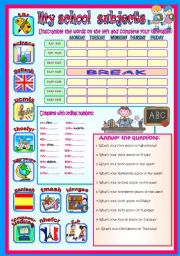 English Worksheet: MY SCHOOL SUBJECTS(+days of the week, +ordinal numbers, +crossword puzzle)