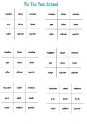 English Worksheet: Tic Tac Toe: School. 3 versions/levels.