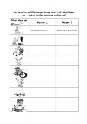 English worksheet: Questionnarie- asking about routines and the time