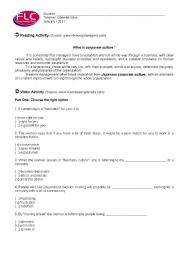 English Worksheet: Conversation Class about Corporate Culture including video activity (Teachers Copy)