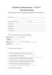 English worksheet: twilight listening comprehension