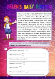 English Worksheet: HELENS DAILY ROUTINE- reading comprehension