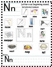 English Worksheet: ABC -  letter Nn and sentences