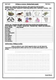 English Worksheet: Writing as a process about helping needy people