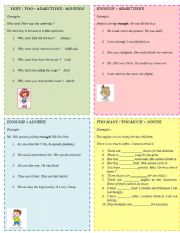 English Worksheet: TOO, VERY, ENOUGH (COMBINED WITH ADJECTIVES)