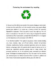 English Worksheet: Protecting the envirenment by recycling