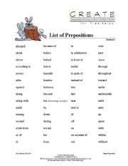 English Worksheet: List of prepositions