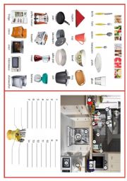 English Worksheet: IN THE KITCHEN - colour + bw version