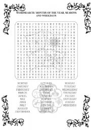 English Worksheet: Wordsearch: Months of the year, weekdays, and seasons.