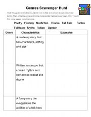 English Worksheet: Genre Scavenger Hunt