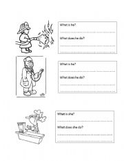 English worksheet: identify, describe and colour the workers