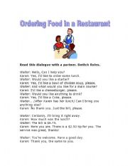 English Worksheet: Speaking Practice - Ordering Food in a Restaurant. Dialogue Script and Practice Menu