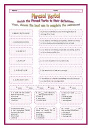 English Worksheet: > Phrasal Verbs Practice 05! > --*-- Definitions + Exercise --*-- BW Included --*-- Fully Editable With Key!