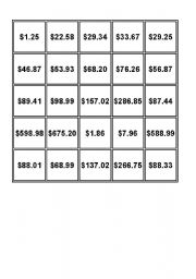 English Worksheet: Money Bingo