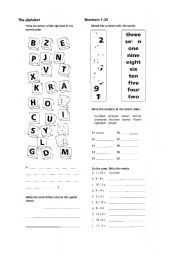 English Worksheet: alphabet and number exercises