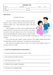 English Worksheet: Evaluation test - year 1 of english