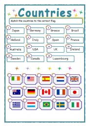 Countries & flags match-up worksheet