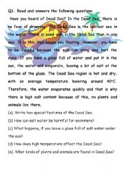 English Worksheet: The Dead Sea  Reading Comprehension Plus Grammar Practice
