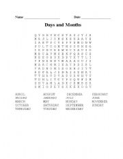 Days and Months Word Search and Worksheet
