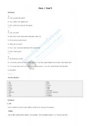 English Worksheet: can and cant