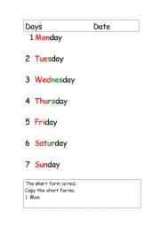 English Worksheet: Days