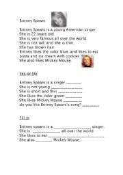 English worksheet: Britney Spears reading + questions