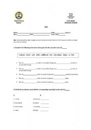 English worksheet: Test form A, countable and uncountable, adjectives of quantity, connectors.