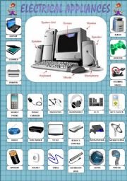 English Worksheet: Electrical Appliances - Pictionary + 3 Exercises + Answer Key