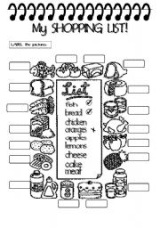 English Worksheet:  THERE IS/ARE + SOME/ ANY : MY SHOPPING LIST (2pgs.)