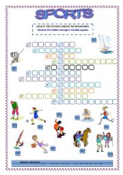 English Worksheet: SPORTS CROSSWORD, with hidden message