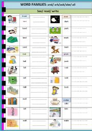 English Worksheet: word families:  all/ and/ark/ack/ake (1/5)