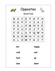 English worksheet: Opposites Word Find