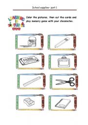 English Worksheet: School supplies - Memory game part 1