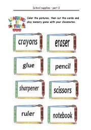 English Worksheet: School supplies - Memory game part 2