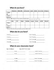 English worksheet: What do you have? Using articles