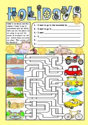 English Worksheet: Holidays - Colour, match and write - I want to go to the ___ by ___ 