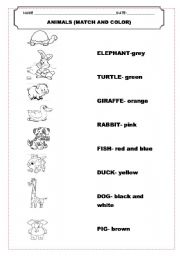 English Worksheet: ANIMALS- match and color