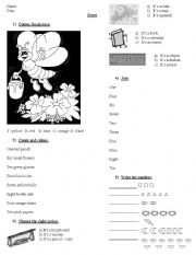 English Worksheet: Test on numbers, colours and other objects