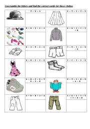English Worksheet: CLOTHES - unjumble the letters