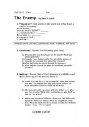 English worksheet: The enemy- exam