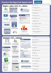English Worksheet: Practice Reported Speech with Facebook (2 pages)
