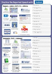 Practice Reported Speech with Facebook (2 pages)