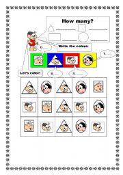 English Worksheet: SHAPES- COUNT AND COLOR!