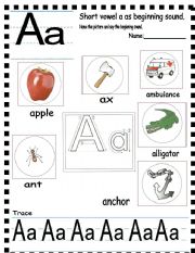 English Worksheet: ABC- letter Aa and sentences