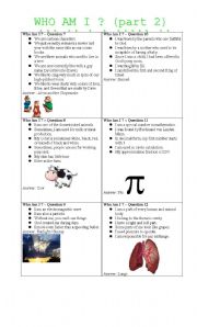 English Worksheet: Game Card Who Am I ? (Part 2)
