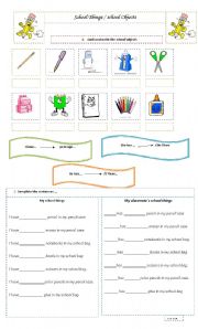 English worksheet: school things / have / has