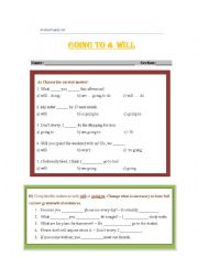 English worksheet: a short quiz on going to and will